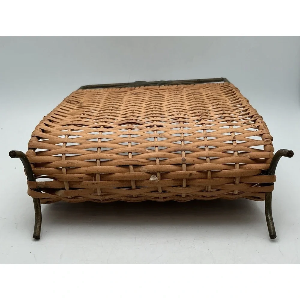 Vintage Wrought Iron Woven Wicker Napkin Letter Mail Holder Desk Organizer‎